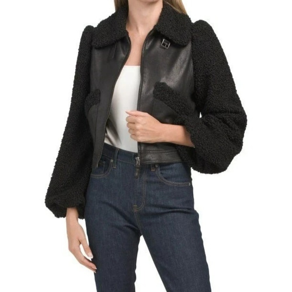NWT Max Studio Feathered Sherpa Leather Jacket Fur L Quiet Luxury Old Money
